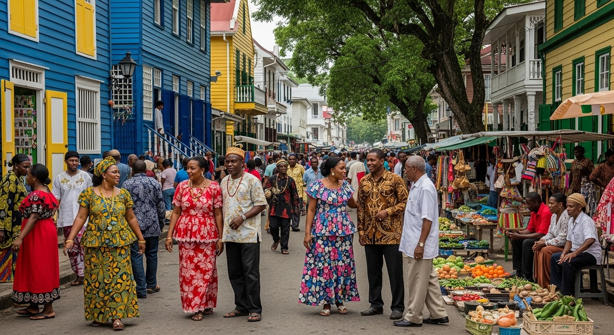Colorful street scene in Paramaribo reflecting Suriname multicultural Creole, Hindustani, Javanese, and Maroon communities