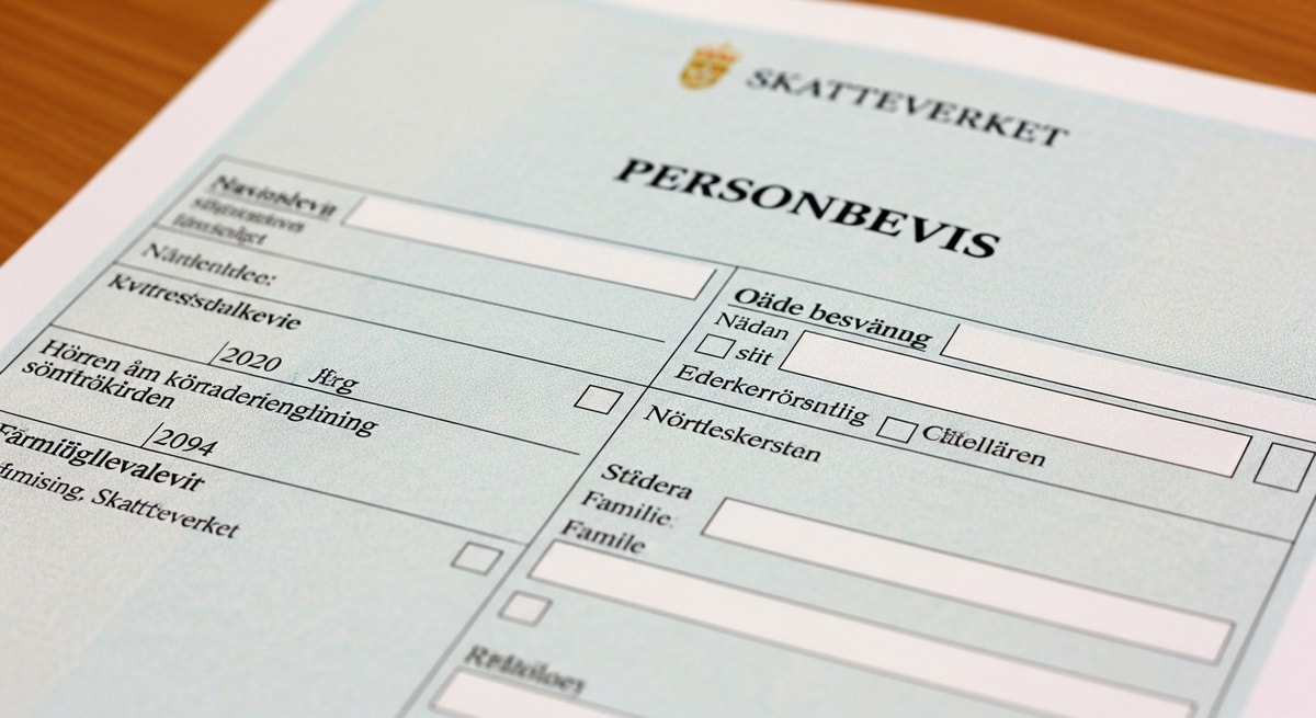Swedish personbevis population registration certificate with Skatteverket formatting showing civil registration details