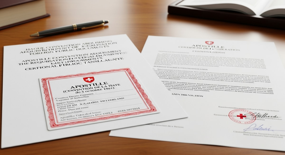 Official Swiss apostille certificate with the Hague Convention header attached to a certified translation document bearing cantonal authentication