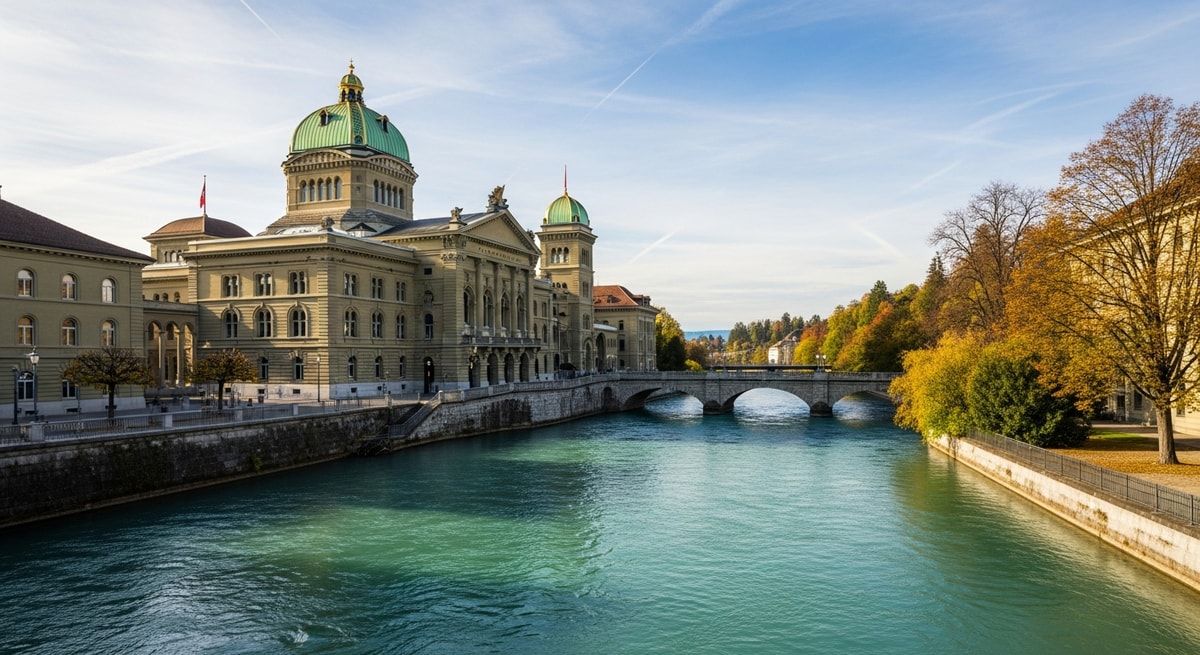The Swiss Federal Palace (Bundeshaus) in Bern with the Aare River, representing Switzerland's multilingual federal government and administrative system