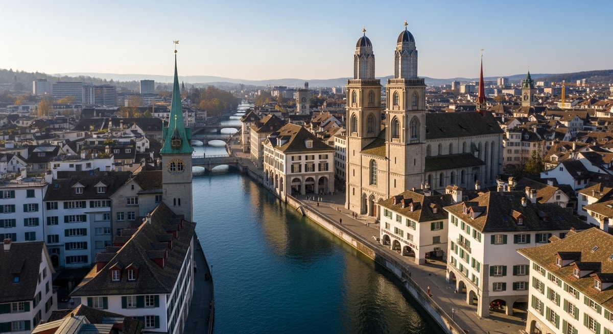 Zurich old town with Grossmünster church towers and the Limmat River representing Switzerland's blend of historic institutions and modern administrative efficiency