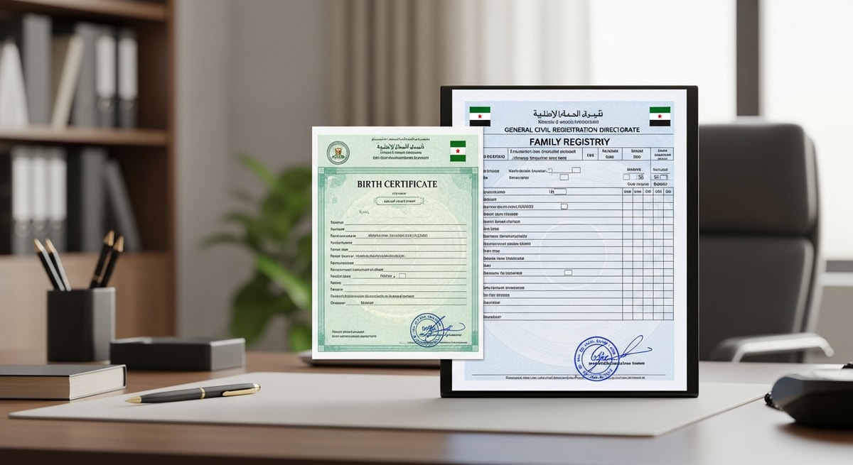 Syrian General Civil Registration Directorate representing the civil documentation system for birth certificates and family registry records