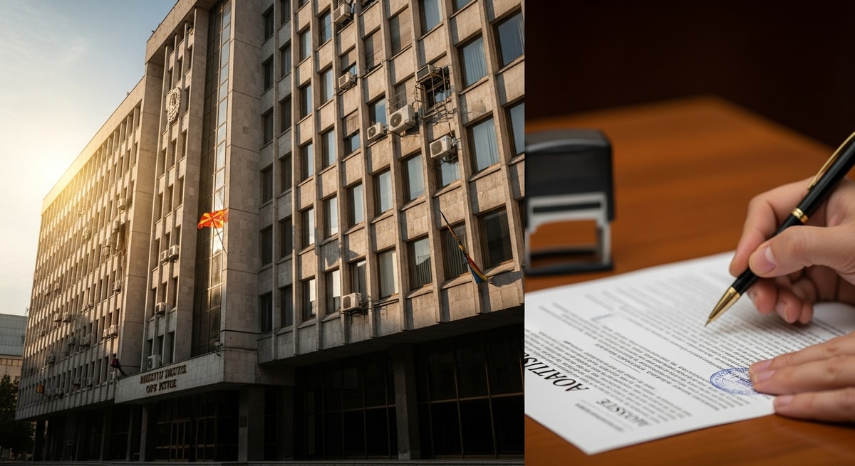 Ministry of Justice building in Skopje, North Macedonia, the competent authority for issuing apostilles under the Hague Convention