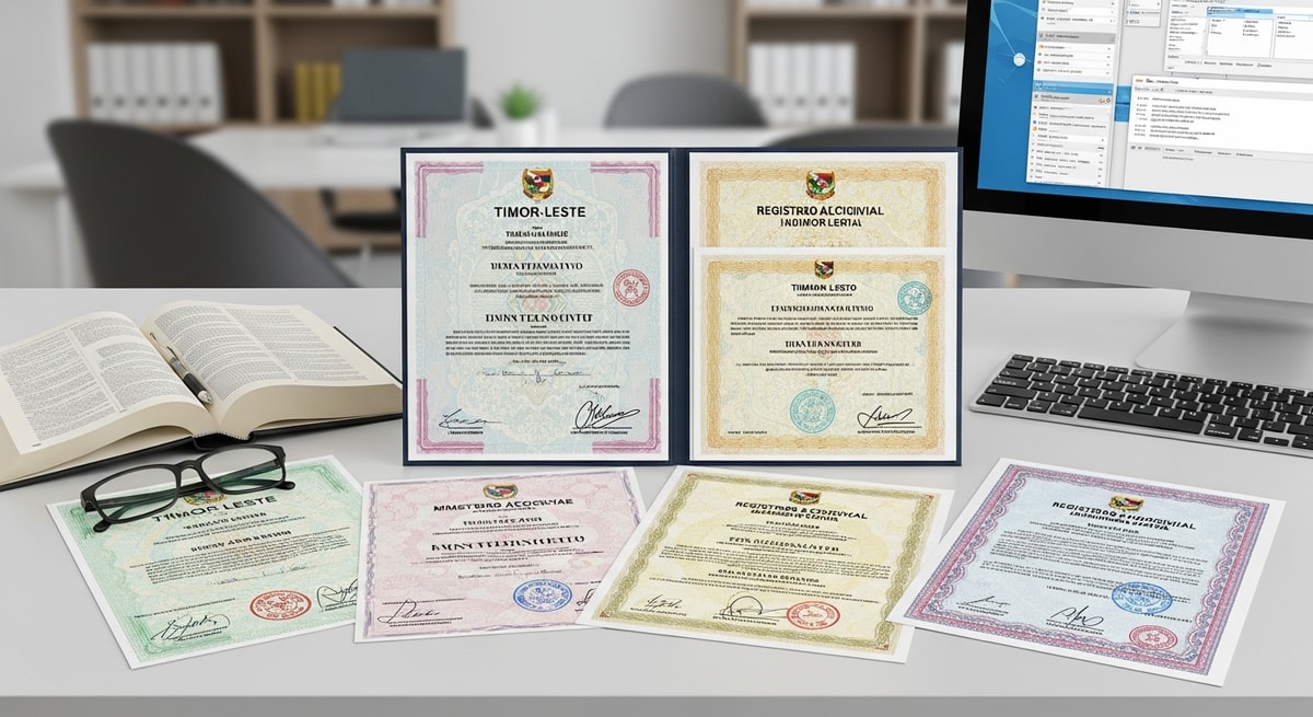Official Timor-Leste civil registry documents in Tetum and Portuguese alongside a certified translation service workspace