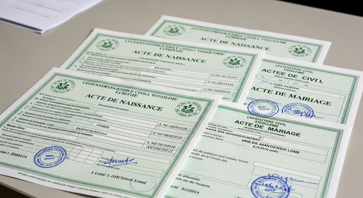 Togolese état civil registry documents including acte de naissance and acte de mariage certificates from Lomé