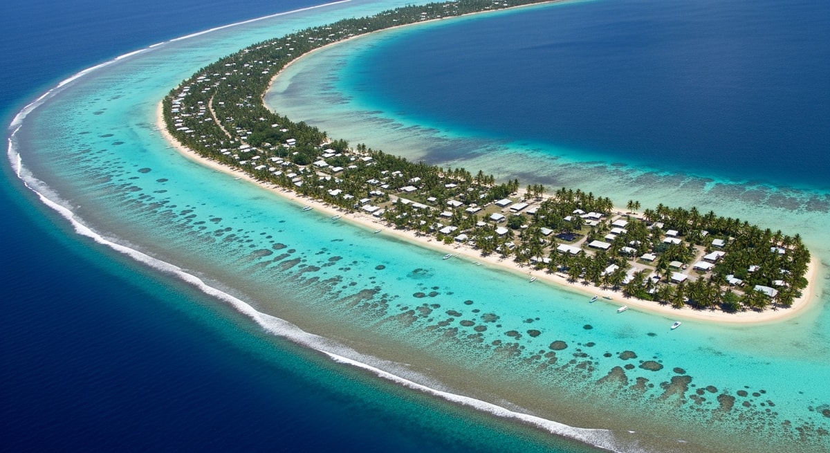Aerial photograph of Atafu atoll in Tokelau showing the small land area and community of one of the world's most remote inhabited territories