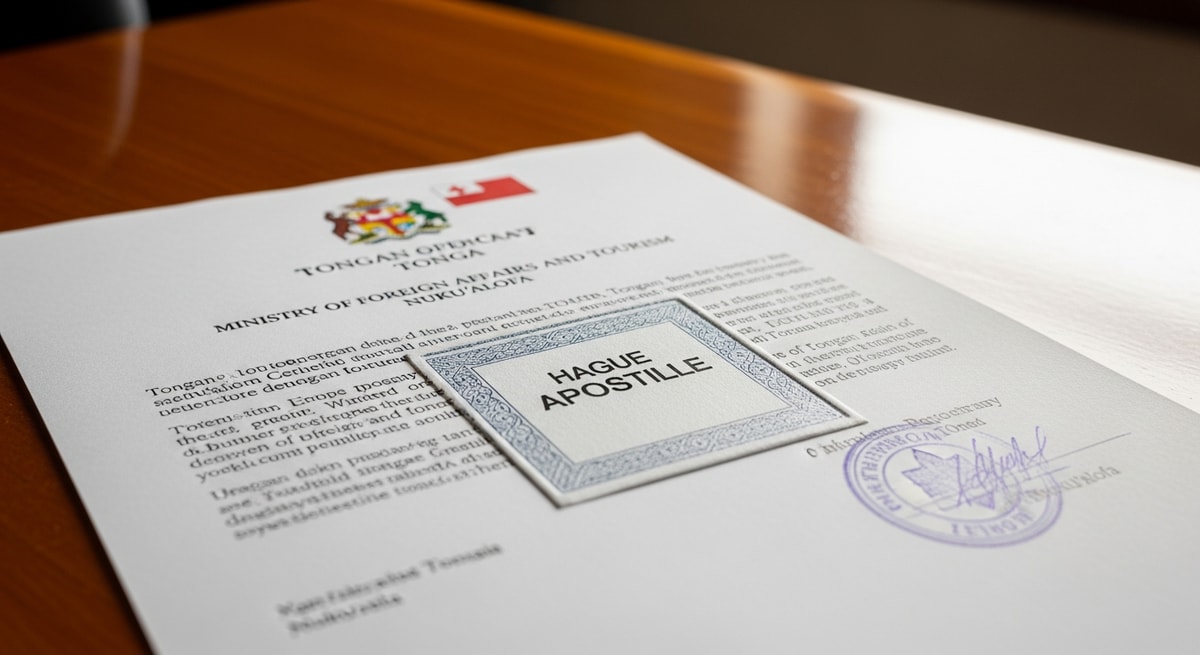 Hague Apostille certificate on a Tongan document from the Ministry of Foreign Affairs and Tourism in Nuku'alofa