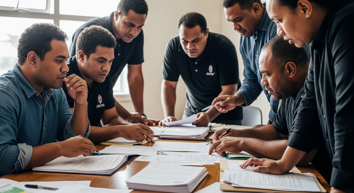 Tongan community members reviewing immigration documents for visa applications to New Zealand and Australia