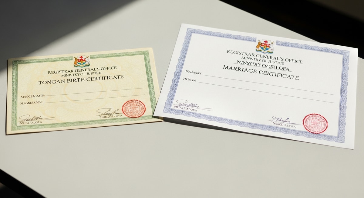 Official Tongan birth certificate and marriage certificate from the Registrar General's Office, Ministry of Justice, Nuku'alofa