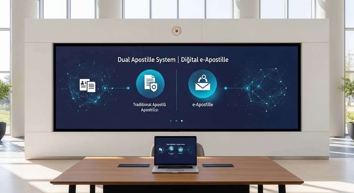 Modern Turkish government building with digital infrastructure representing Turkey's dual apostille system and e-Apostille portal