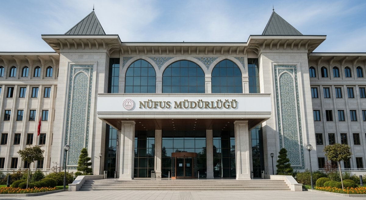 Turkish nüfus müdürlüğü office building representing the civil registration system that issues doğum belgesi and nüfus kayıt örneği