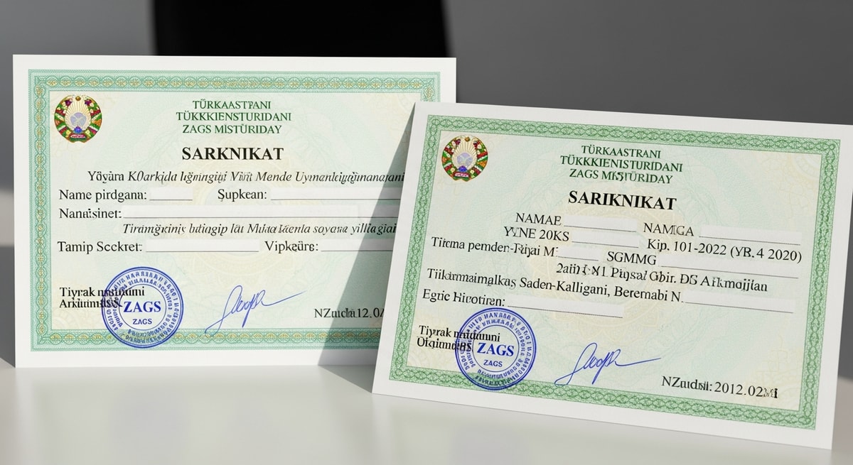 Turkmenistani civil registry documents showing birth certificate and marriage certificate formats issued by district-level ZAGS offices in Turkmenistan