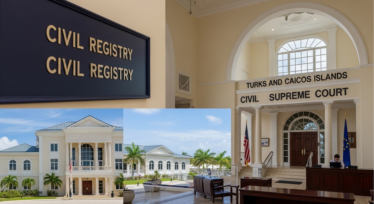 Turks and Caicos Islands government buildings representing the Civil Registry and Supreme Court where vital records and apostilles are managed