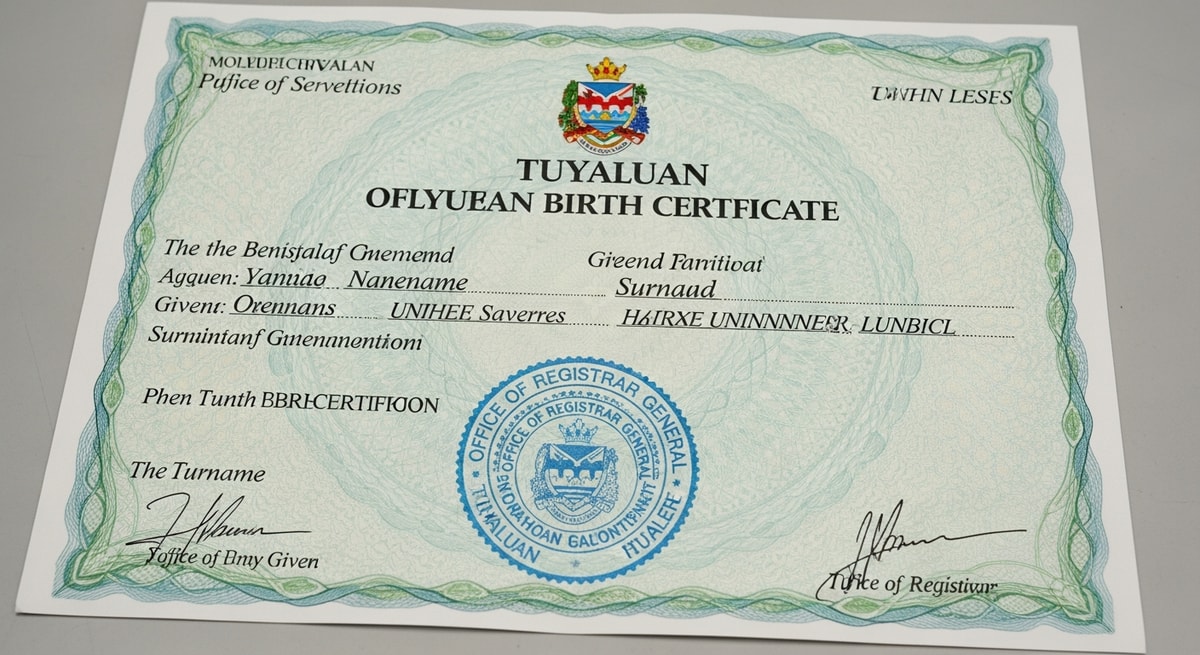 Tuvaluan birth certificate in English showing Polynesian name conventions and Office of the Registrar General seal
