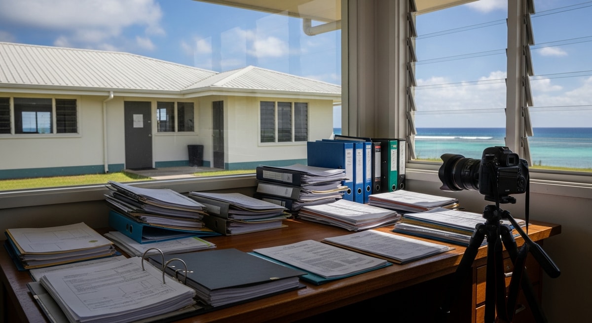 Tuvalu government building in Funafuti with Pacific Ocean visible, representing climate migration documentation needs