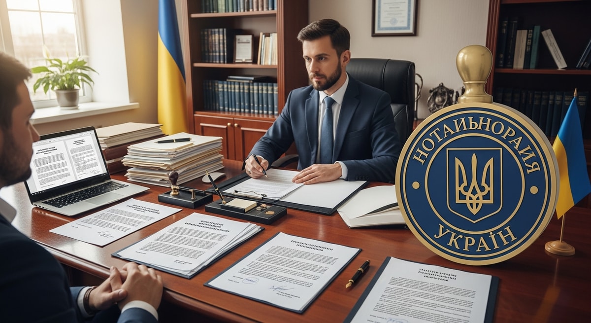 Ukrainian notary office with official seal and legal documents representing the notarial certification process for translations