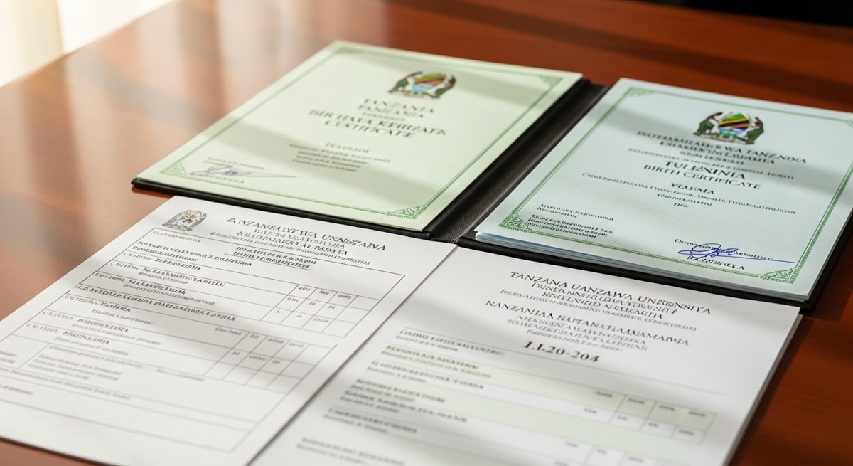 Tanzanian official documents including birth certificate and academic credentials displayed with both Swahili and English text