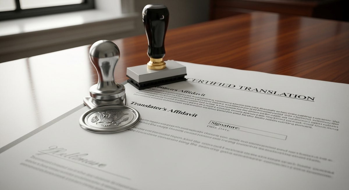 Official US notary public seal and stamp alongside a certified translation document with translator's affidavit
