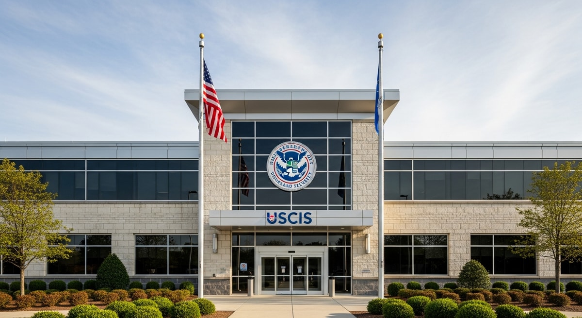 USCIS service center building exterior with the Department of Homeland Security seal representing US immigration document processing