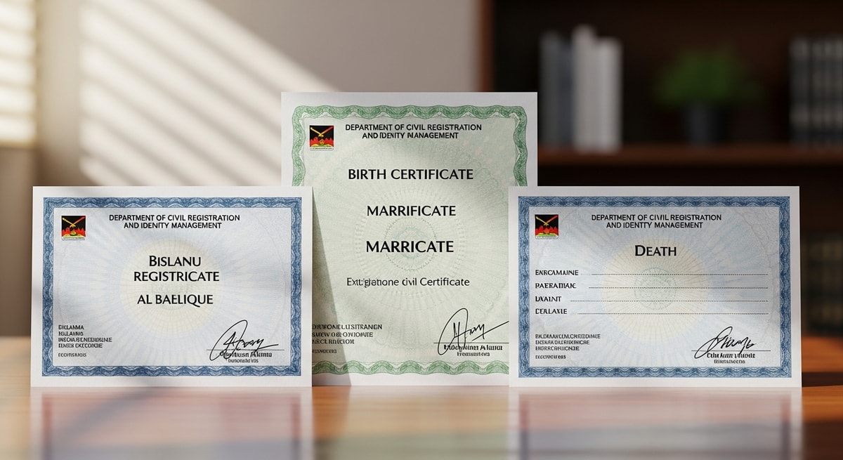 Official Vanuatu civil registration documents in Bislama, English, and French from the Department of Civil Registration and Identity Management