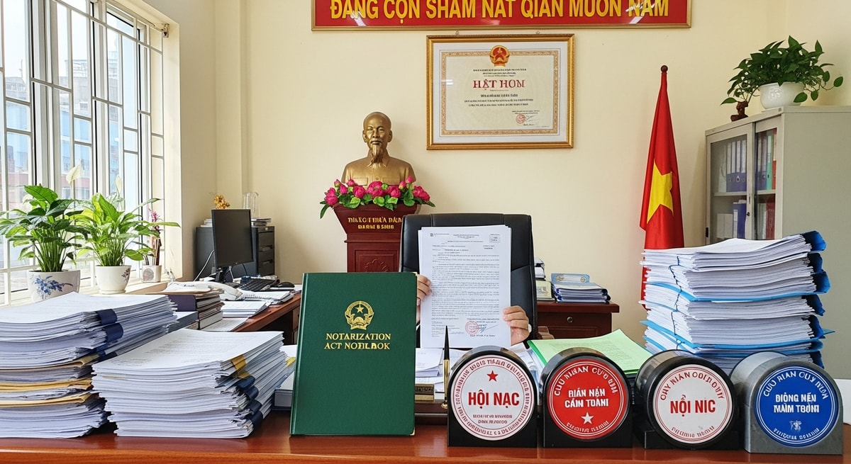 Interior of a Vietnamese notarial office with official documents and certification stamps representing the country's translation certification system