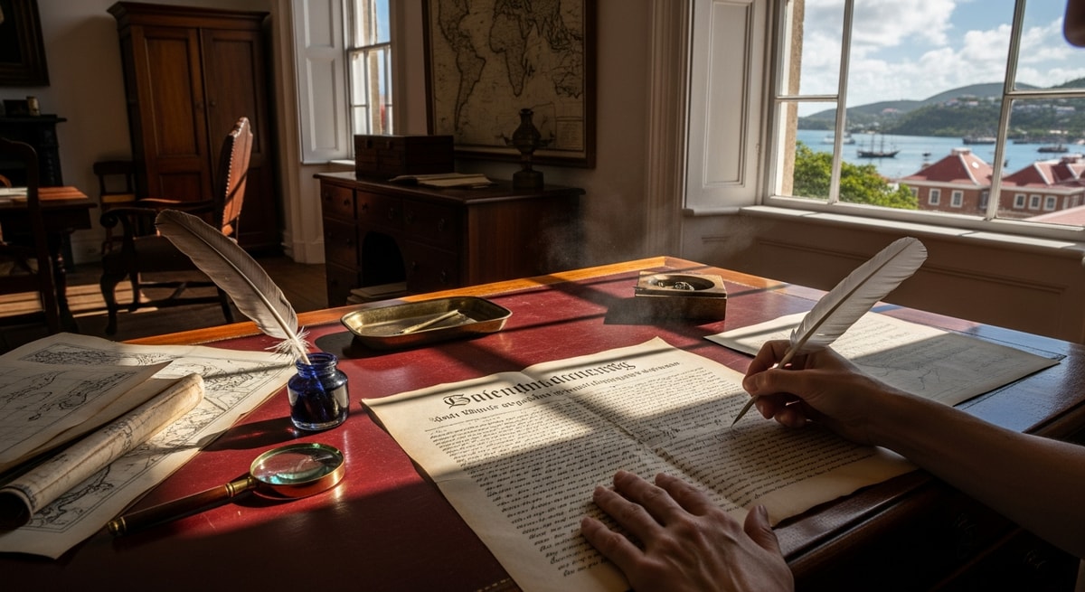 Historical Danish colonial government building in Charlotte Amalie St. Thomas representing the Danish heritage in US Virgin Islands historical document translation