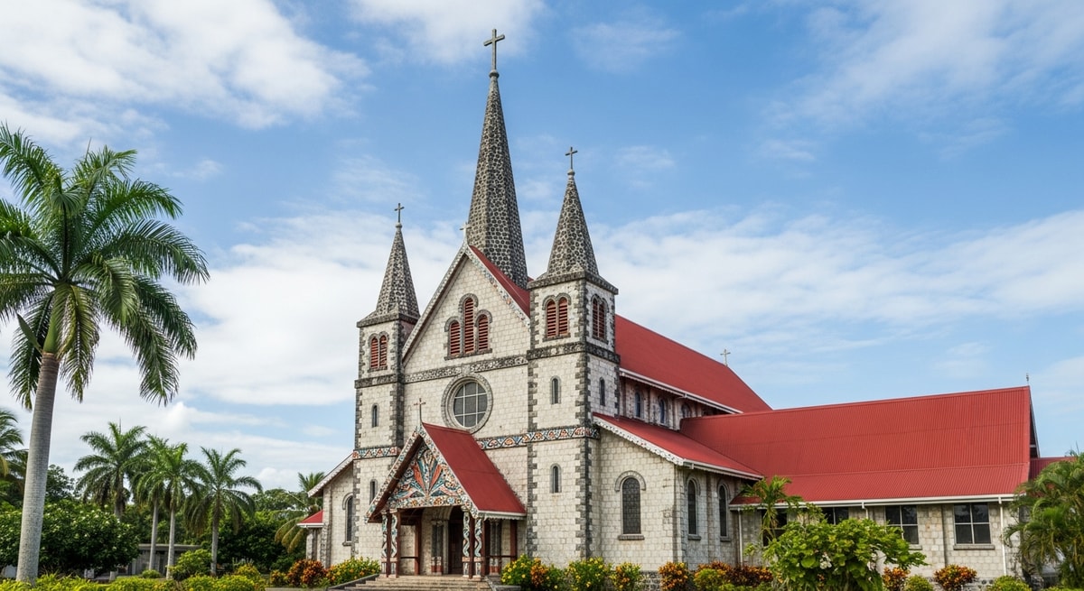 Cathedral of Our Lady of the Assumption in Mata-Utu, Wallis Island, representing the administrative capital of the French Pacific collectivity of Wallis and Futuna