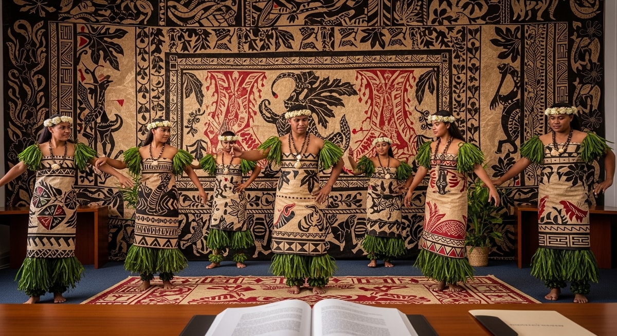 Traditional Wallisian dance and tapa cloth representing the Polynesian cultural heritage of Wallis and Futuna whose languages appear in civil status documents