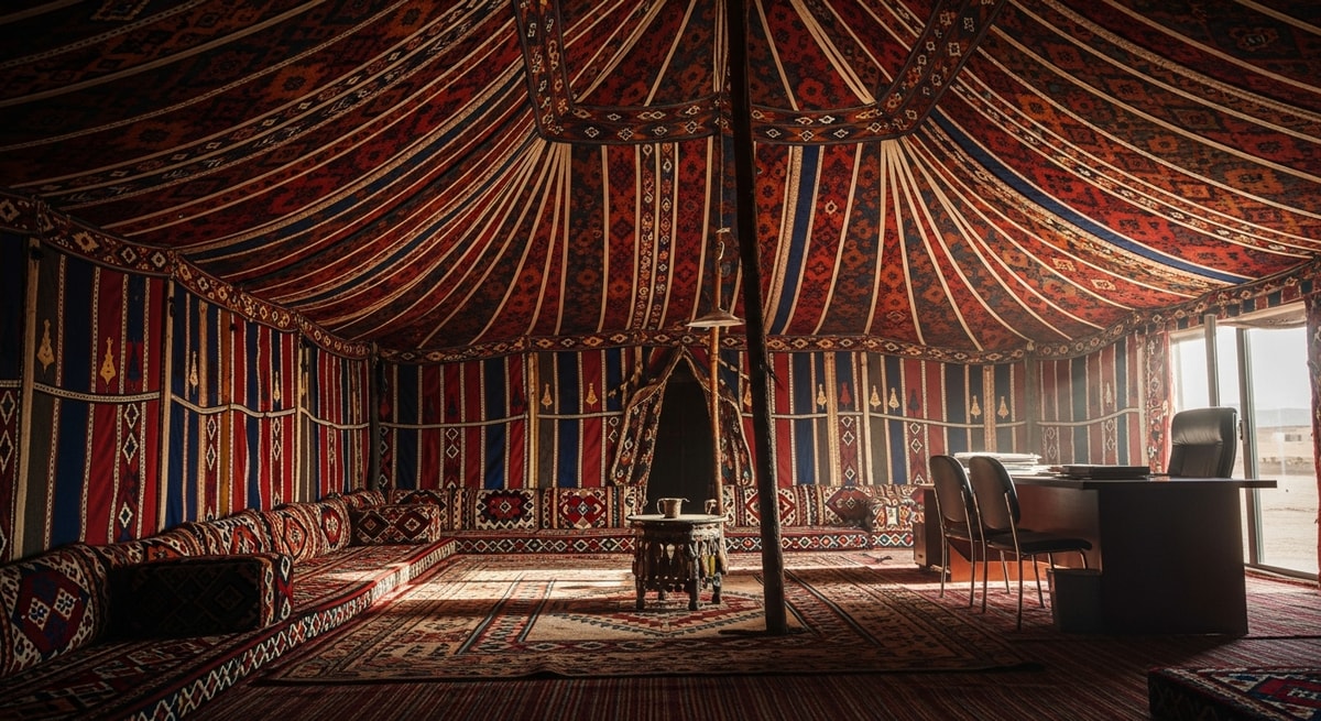 Sahrawi nomadic tent with traditional jaimas in the Western Sahara desert representing the Hassaniya Arabic language heritage of the Sahrawi people
