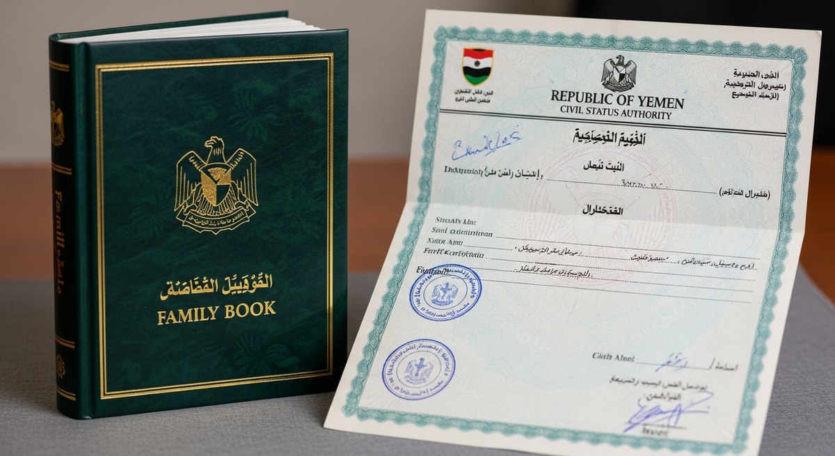 Yemeni family book and birth certificate representing the civil documentation system administered by Yemen's Civil Status Authority
