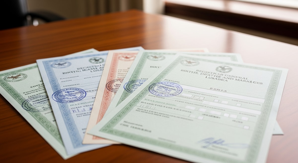 Official Zambian birth certificate and civil registration documents issued by the Registrar General of Births, Deaths and Marriages in Lusaka