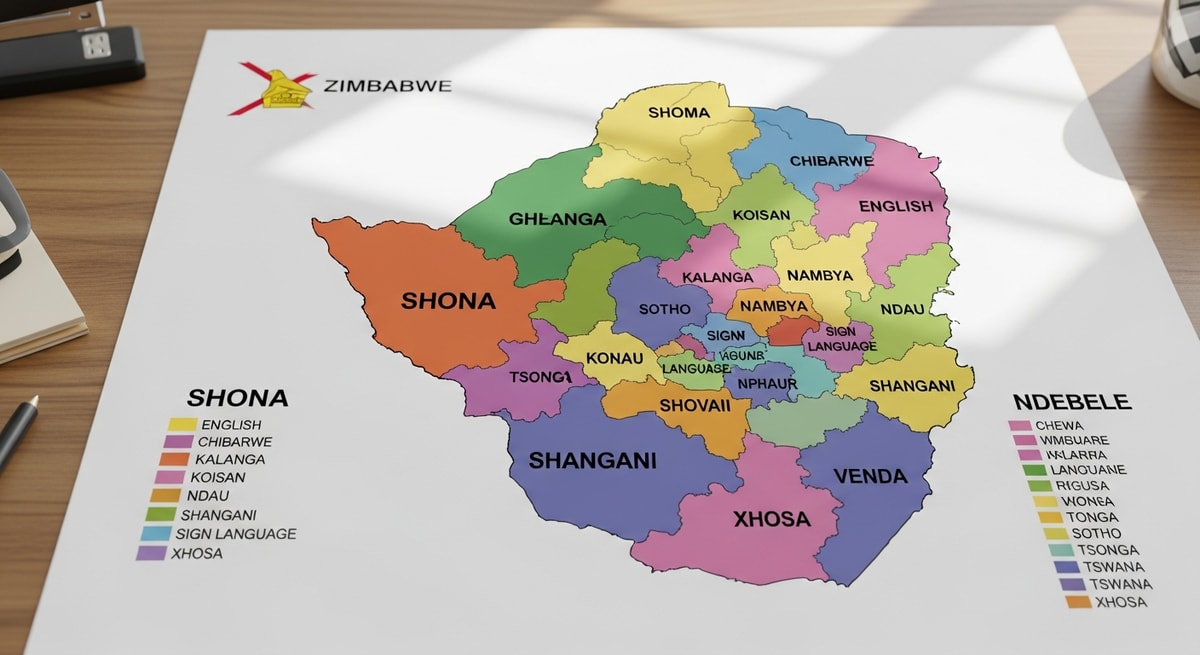 Map of Zimbabwe's linguistic diversity showing Shona, Ndebele, and other official language regions