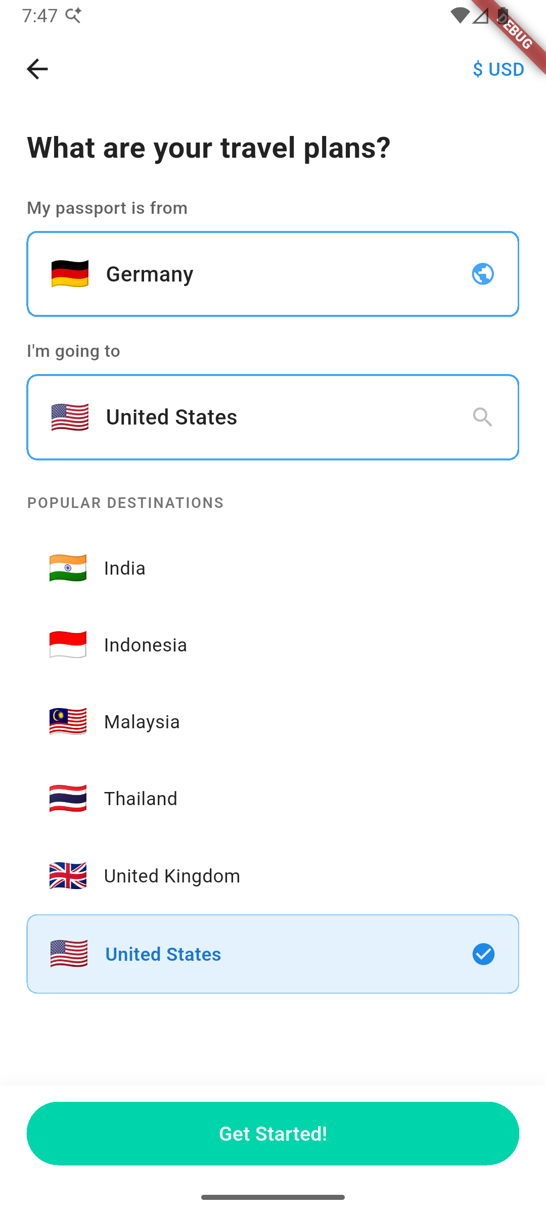 Screenshot App DoVisa - Piani di viaggio